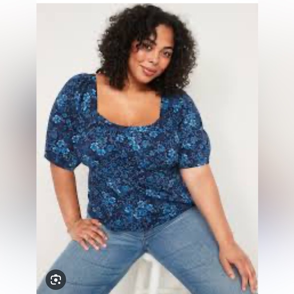 Old Navy Puff-Sleeve Smocked Button-Down Blouse Navy Floral Shirt Size Medium - Picture 11 of 11